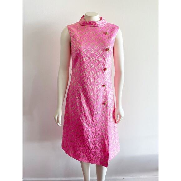 Richard Kaplan 1960s Pink Gold Metallic Thread Belted Vintage Shift Dress Sz 10 - Picture 12 of 16